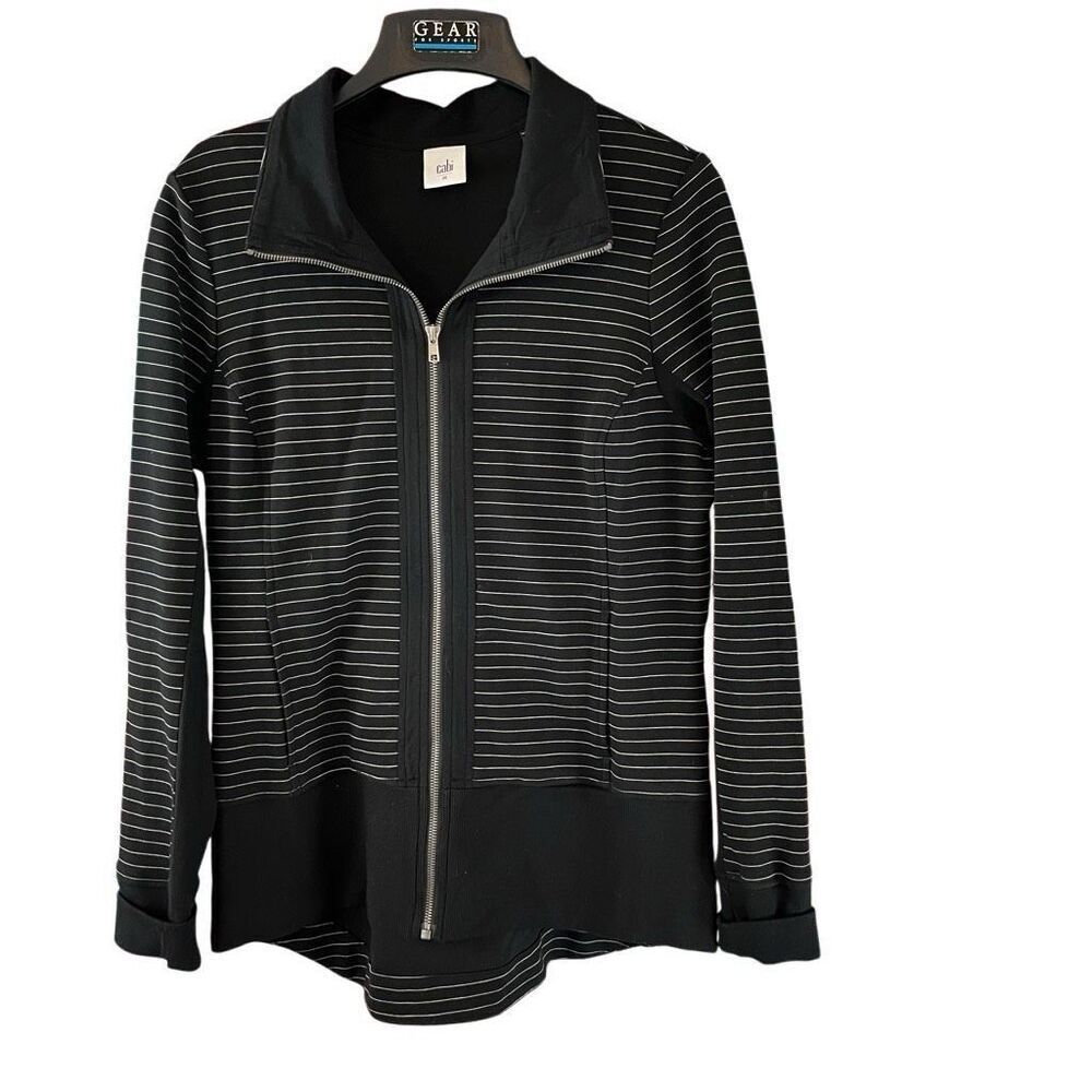 Cabi 3378 Sporty Sprint Jacket Womens Medium Black White Striped Full Zip Modern